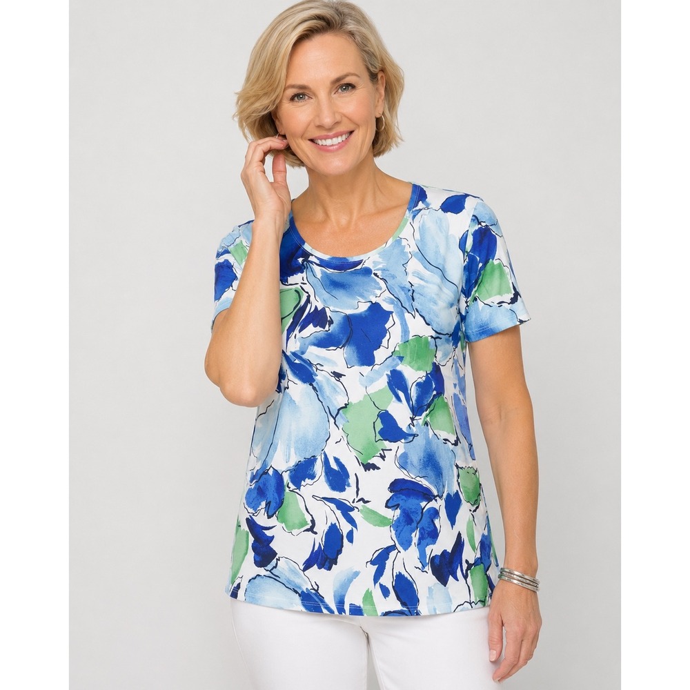 Chico's Molly Brush Turkish Sea Floral Scoop Neck Tee Blue Green Top 570408249